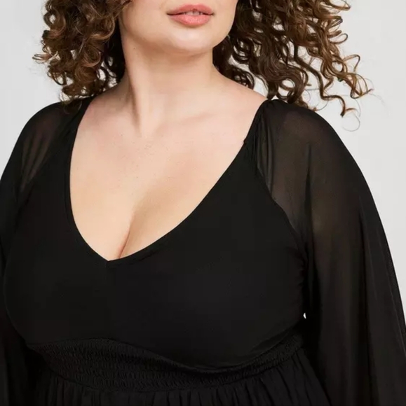 Torrid Deep Black Stretch Mesh V-Neck Smocked Waist Babydoll Top Size 1X - Picture 3 of 15